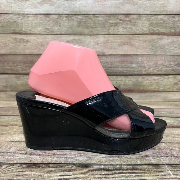 Prada Black Patent Leather Platform Wedge Sandals - Picture 3 of 9